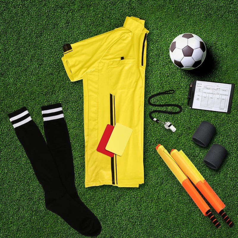 INFLATJOY Store 7 Pcs Soccer Referee Kit Costume Men Referee Shirt Shorts Soccer Ref Referee Cards Whistle Socks Flags Wristband - Image 5